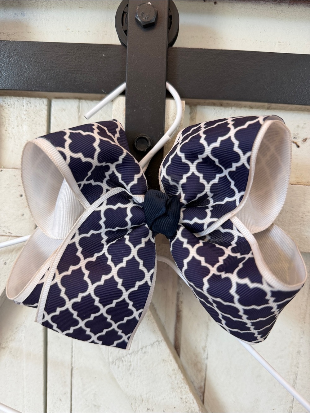 Navy Quatrefoil Hair Bow with Cream Trim